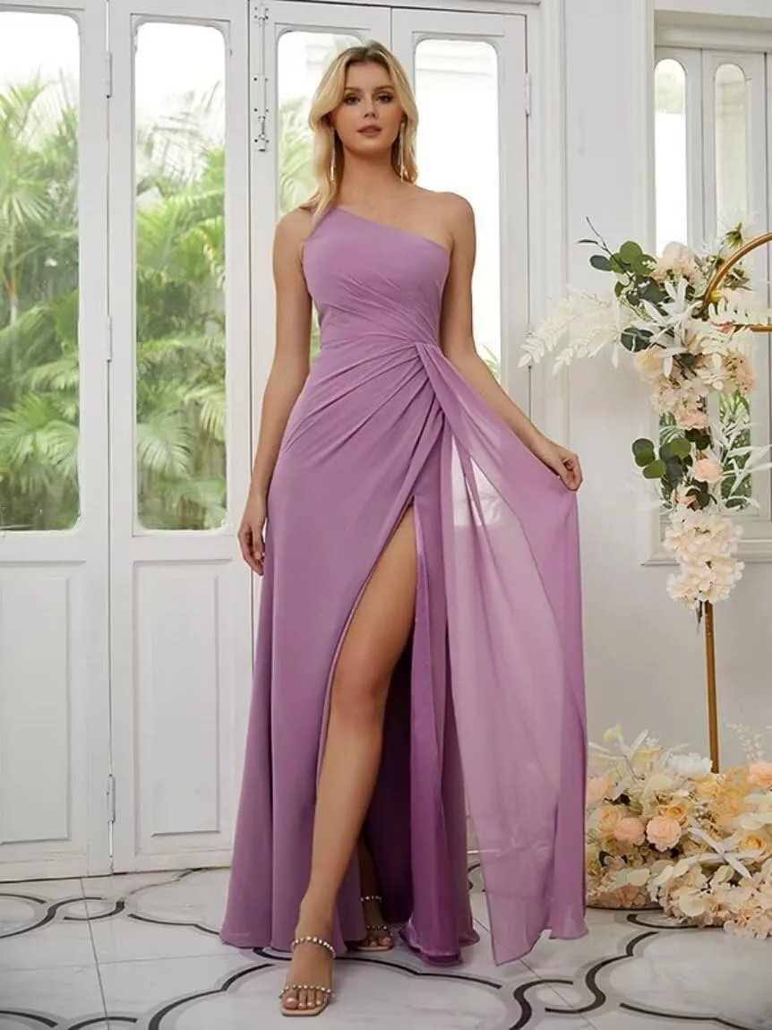 IKMNN One Shoulder Long Bridesmaid Dresses for Women Slit A Line Chiffon Formal Dress IK009
