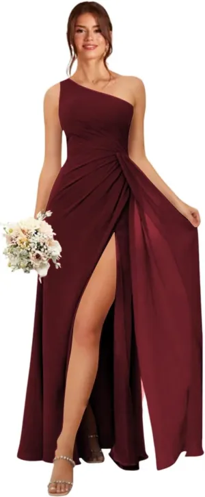 IKMNN One Shoulder Long Bridesmaid Dresses for Women Slit A Line Chiffon Formal Dress IK009