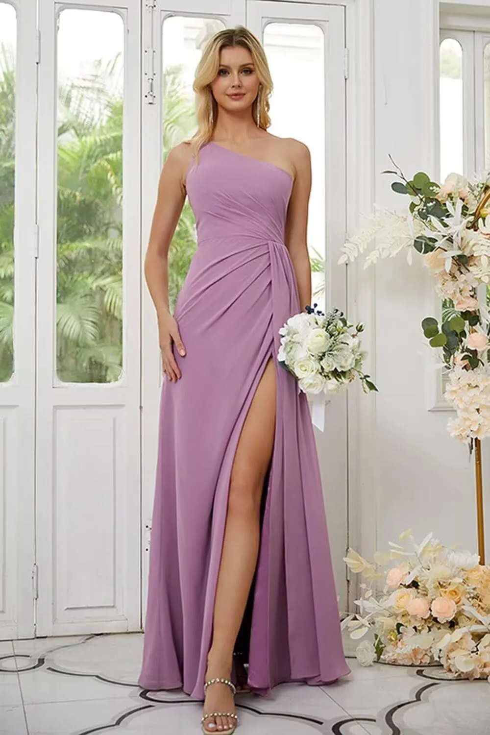 IKMNN One Shoulder Long Bridesmaid Dresses for Women Slit A Line Chiffon Formal Dress IK009