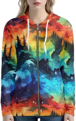 Irisjudy Women Oversized Hoodie with Pocket Plus Size, Cats, Galaxy,Ethnic Zip-up Hooded Sweatshirt Long-Sleeve Fall Outwear