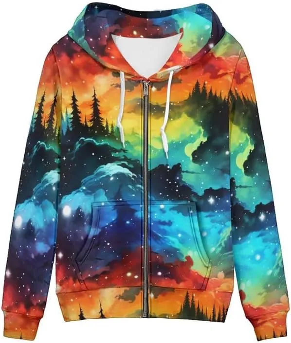 Irisjudy Women Oversized Hoodie with Pocket Plus Size, Cats, Galaxy,Ethnic Zip-up Hooded Sweatshirt Long-Sleeve Fall Outwear