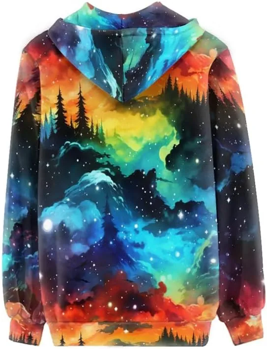 Irisjudy Women Oversized Hoodie with Pocket Plus Size, Cats, Galaxy,Ethnic Zip-up Hooded Sweatshirt Long-Sleeve Fall Outwear