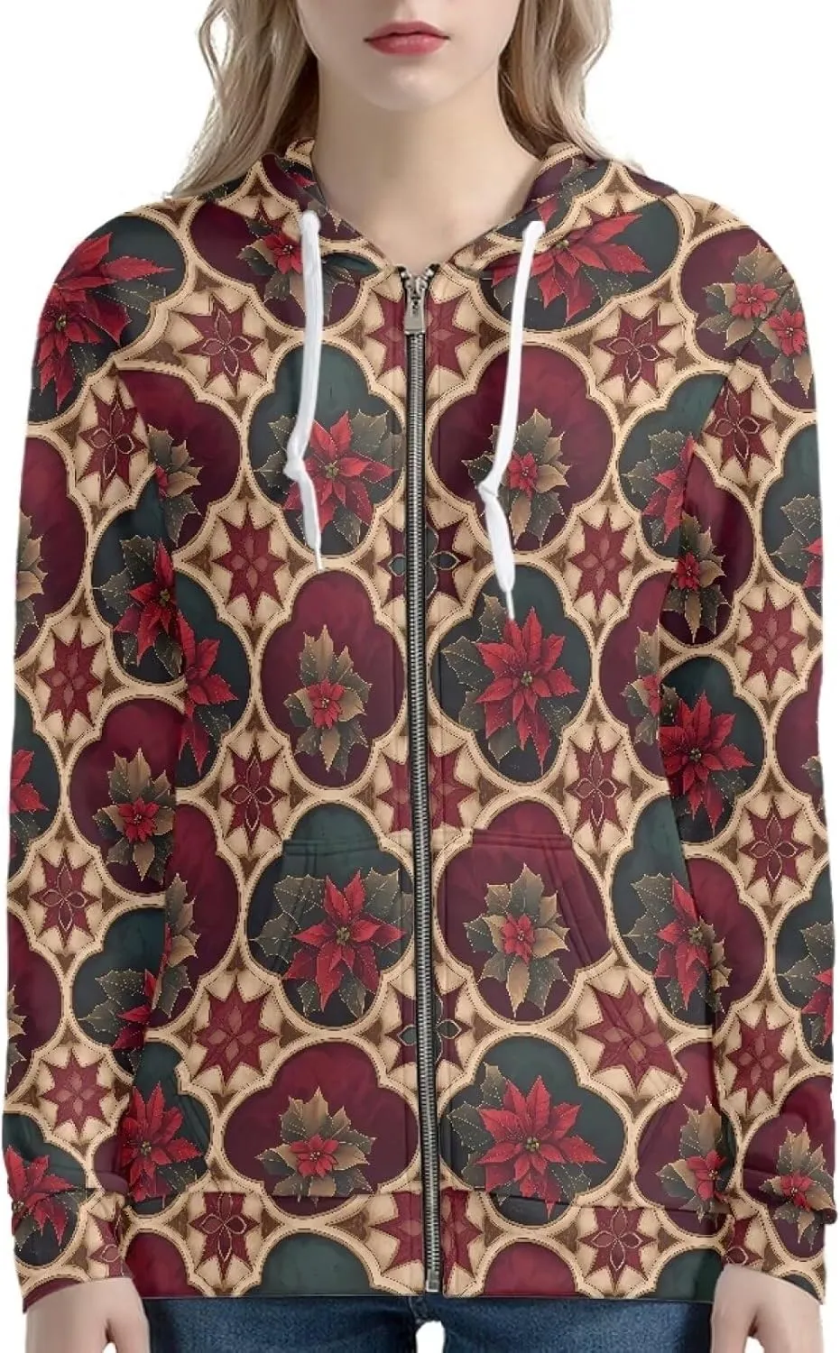 Irisjudy Women Oversized Hoodies Retro Boho Xmas Flower Hooded Jacket Island Totem Long-Sleeve Fall Outwear Sweatshirt Zip-up