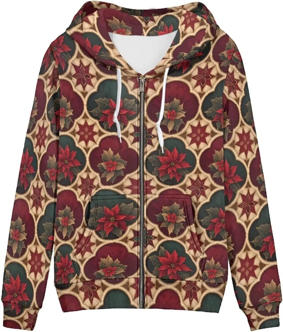 Irisjudy Women Oversized Hoodies Retro Boho Xmas Flower Hooded Jacket Island Totem Long-Sleeve Fall Outwear Sweatshirt Zip-up