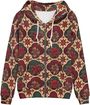 Irisjudy Women Oversized Hoodies Retro Boho Xmas Flower Hooded Jacket Island Totem Long-Sleeve Fall Outwear Sweatshirt Zip-up