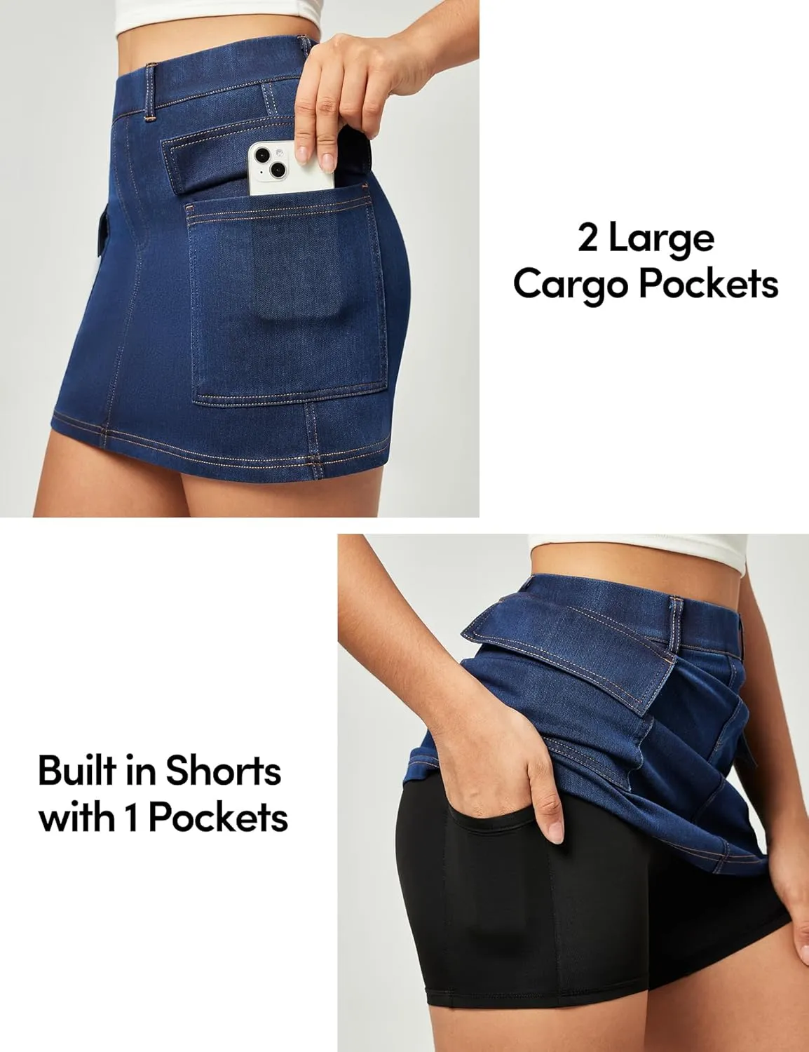 IUGA Jean Skirts for Women Denim High Stretch Cargo Skirt with Shorts Denim Skort Mini Jean Skort Y2k Skirt with Pockets