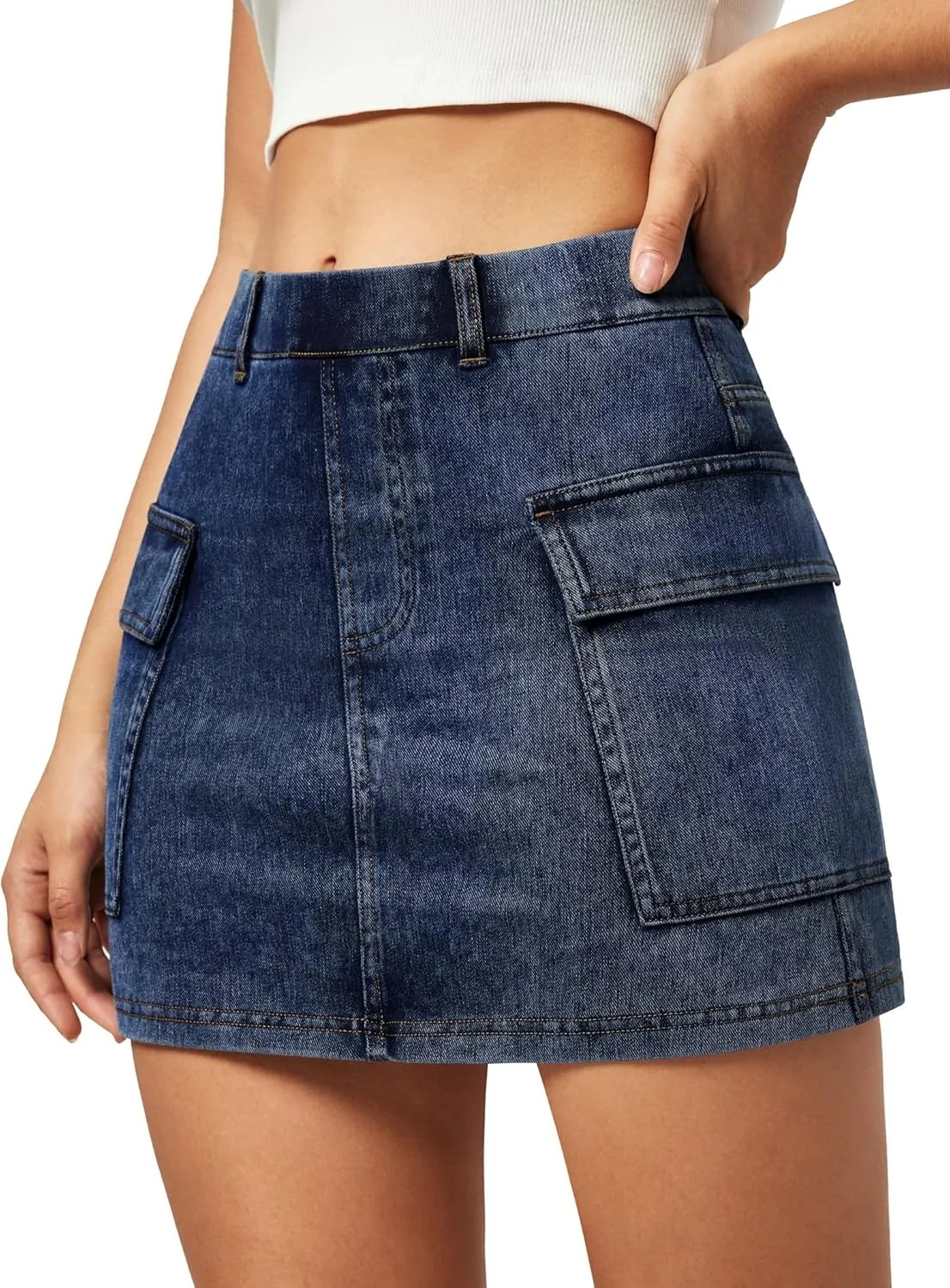 IUGA Jean Skirts for Women Denim High Stretch Cargo Skirt with Shorts Denim Skort Mini Jean Skort Y2k Skirt with Pockets