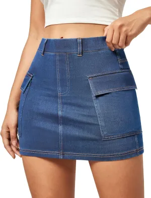 IUGA Jean Skirts for Women Denim High Stretch Cargo Skirt with Shorts Denim Skort Mini Jean Skort Y2k Skirt with Pockets