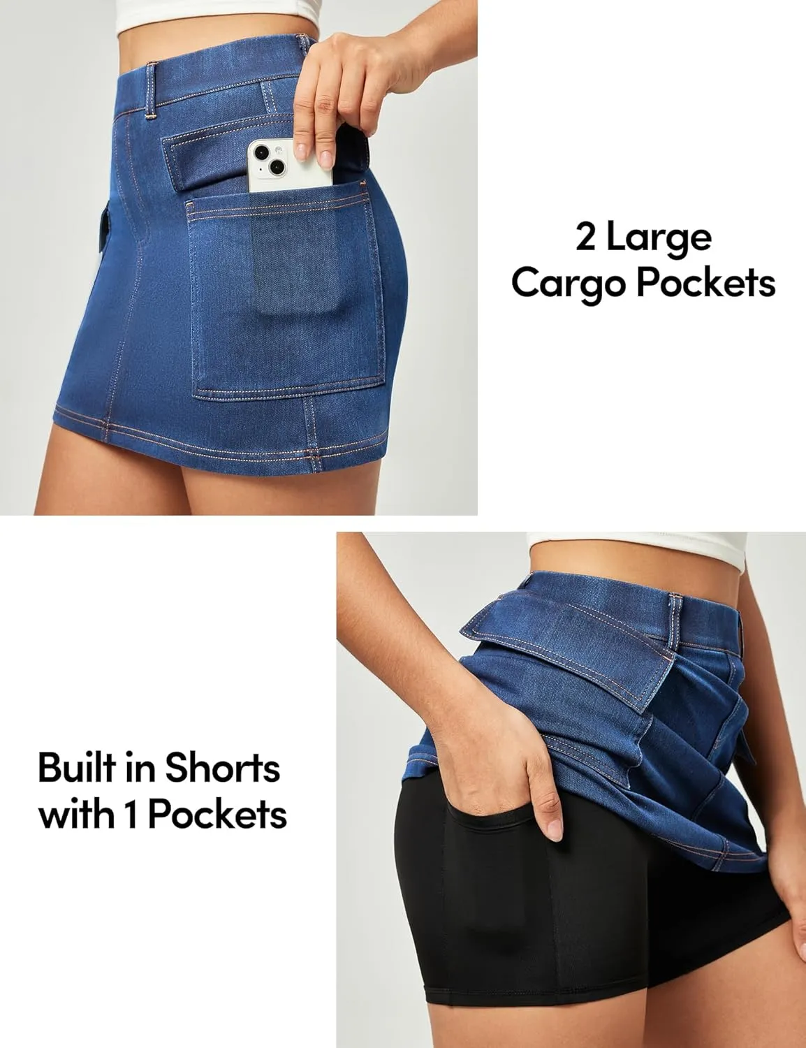 IUGA Jean Skirts for Women Denim High Stretch Cargo Skirt with Shorts Denim Skort Mini Jean Skort Y2k Skirt with Pockets