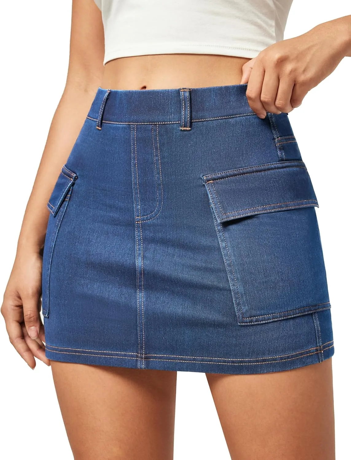 IUGA Jean Skirts for Women Denim High Stretch Cargo Skirt with Shorts Denim Skort Mini Jean Skort Y2k Skirt with Pockets