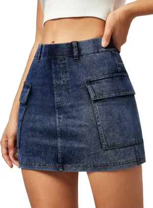 IUGA Jean Skirts for Women Denim High Stretch Cargo Skirt with Shorts Denim Skort Mini Jean Skort Y2k Skirt with Pockets