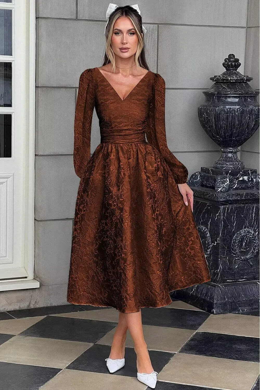 Jacquard Satin Midi Prom Dress V Neck Formal Gowns Long Sleeve Tea Length Party Cocktial Dress