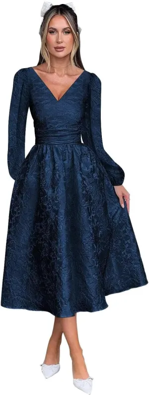 Jacquard Satin Midi Prom Dress V Neck Formal Gowns Long Sleeve Tea Length Party Cocktial Dress