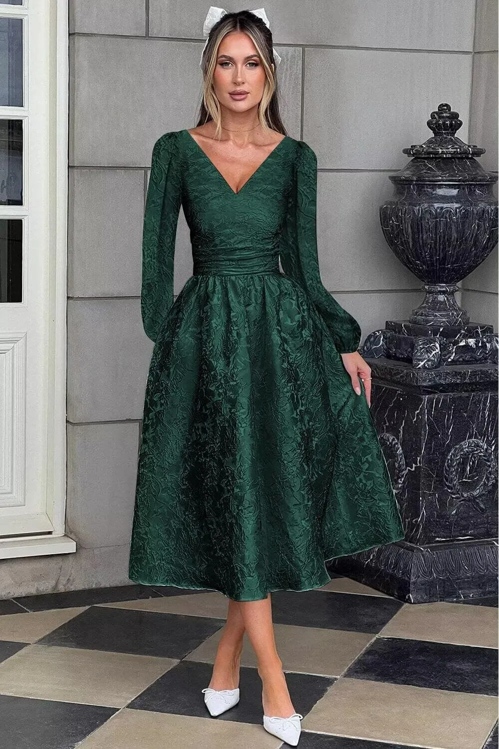 Jacquard Satin Midi Prom Dress V Neck Formal Gowns Long Sleeve Tea Length Party Cocktial Dress