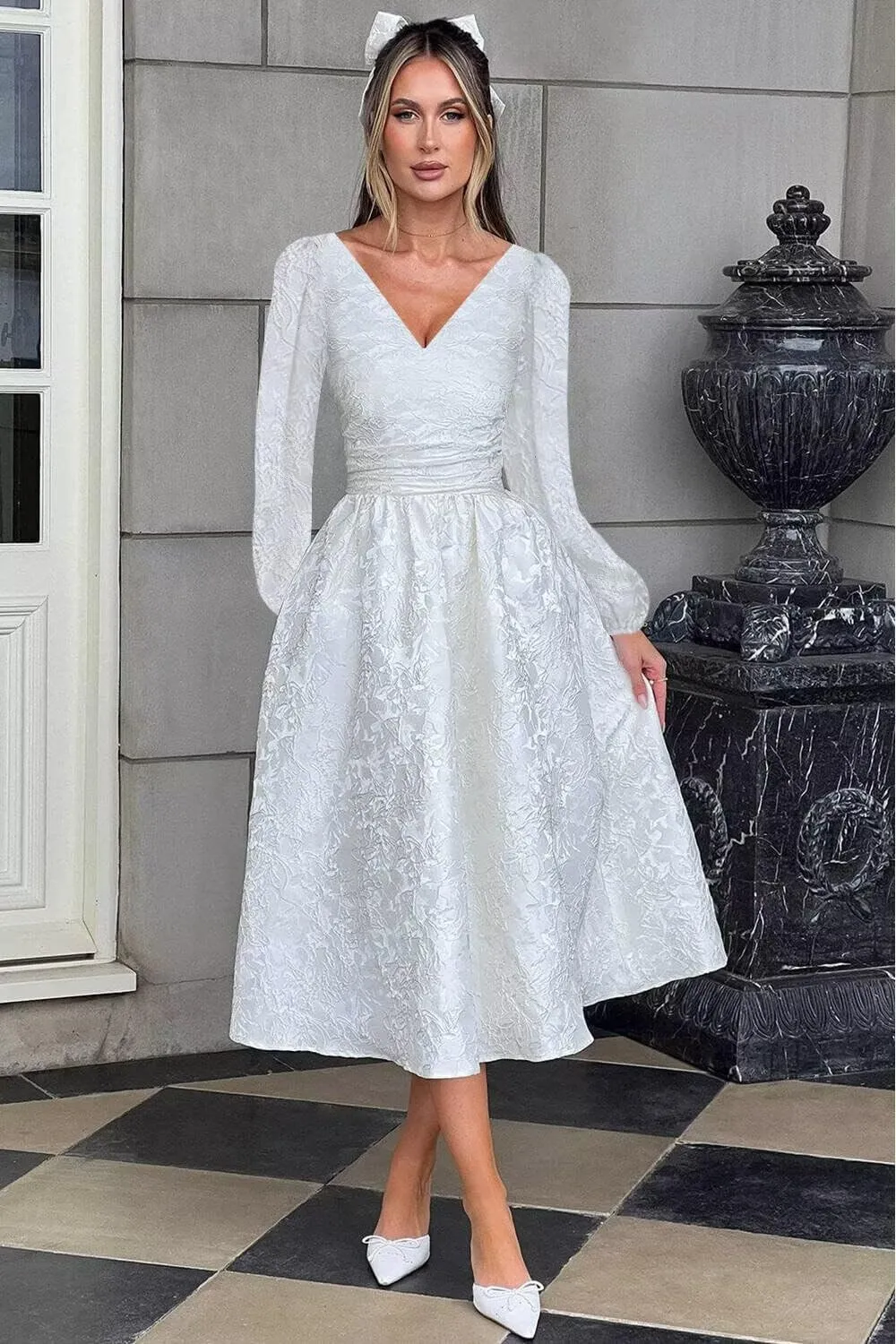 Jacquard Satin Midi Prom Dress V Neck Formal Gowns Long Sleeve Tea Length Party Cocktial Dress