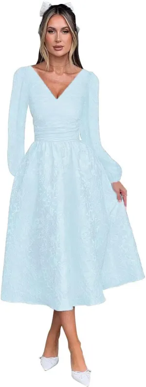 Jacquard Satin Midi Prom Dress V Neck Formal Gowns Long Sleeve Tea Length Party Cocktial Dress
