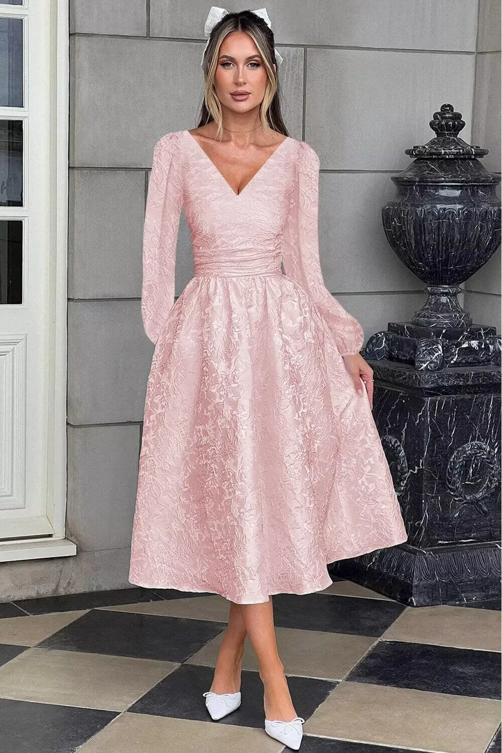 Jacquard Satin Midi Prom Dress V Neck Formal Gowns Long Sleeve Tea Length Party Cocktial Dress