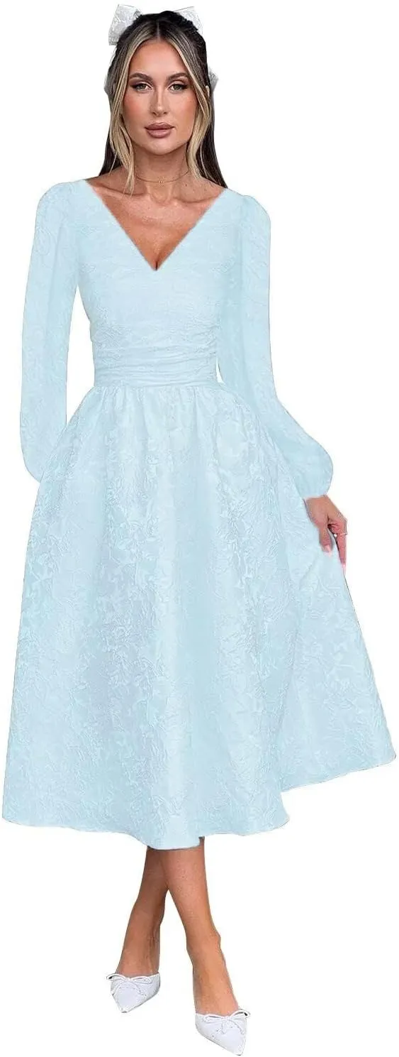 Jacquard Satin Midi Prom Dress V Neck Formal Gowns Long Sleeve Tea Length Party Cocktial Dress