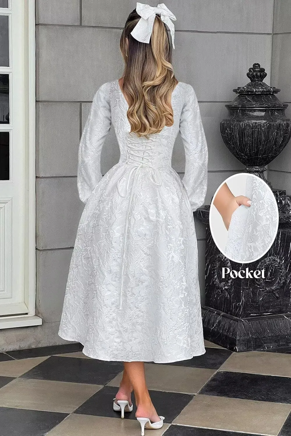 Jacquard Satin Midi Prom Dress V Neck Formal Gowns Long Sleeve Tea Length Party Cocktial Dress