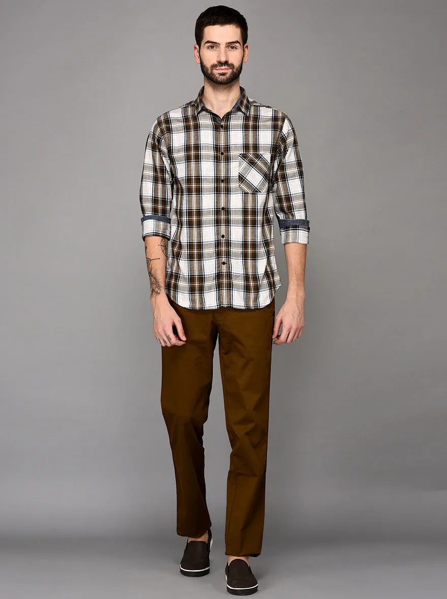 JadeBlue Dark Khaki Self Textured Slim Fit Casual Trouser