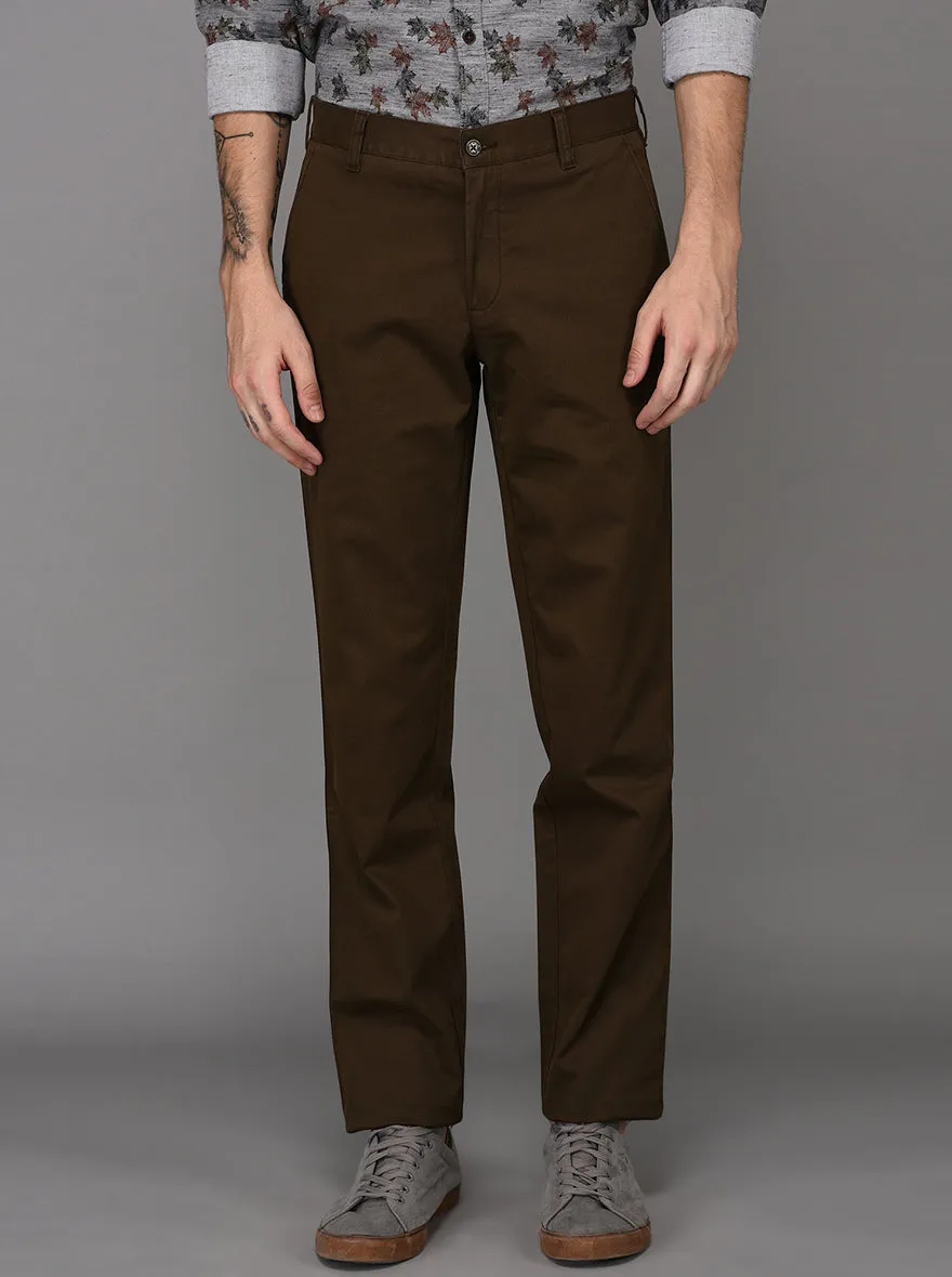 JadeBlue Olive Brown Self Textured Slim Fit Casual Trouser