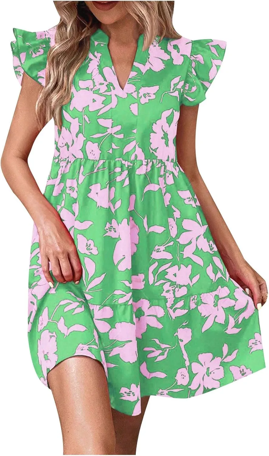 JOAU Women 2025 Summer Boho Print Beach Casual Short Dress Ruffle Cap Sleeve Notched V Neck Tiered Ruffle Swing Mini Dresses