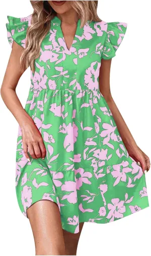 JOAU Women 2025 Summer Boho Print Beach Casual Short Dress Ruffle Cap Sleeve Notched V Neck Tiered Ruffle Swing Mini Dresses