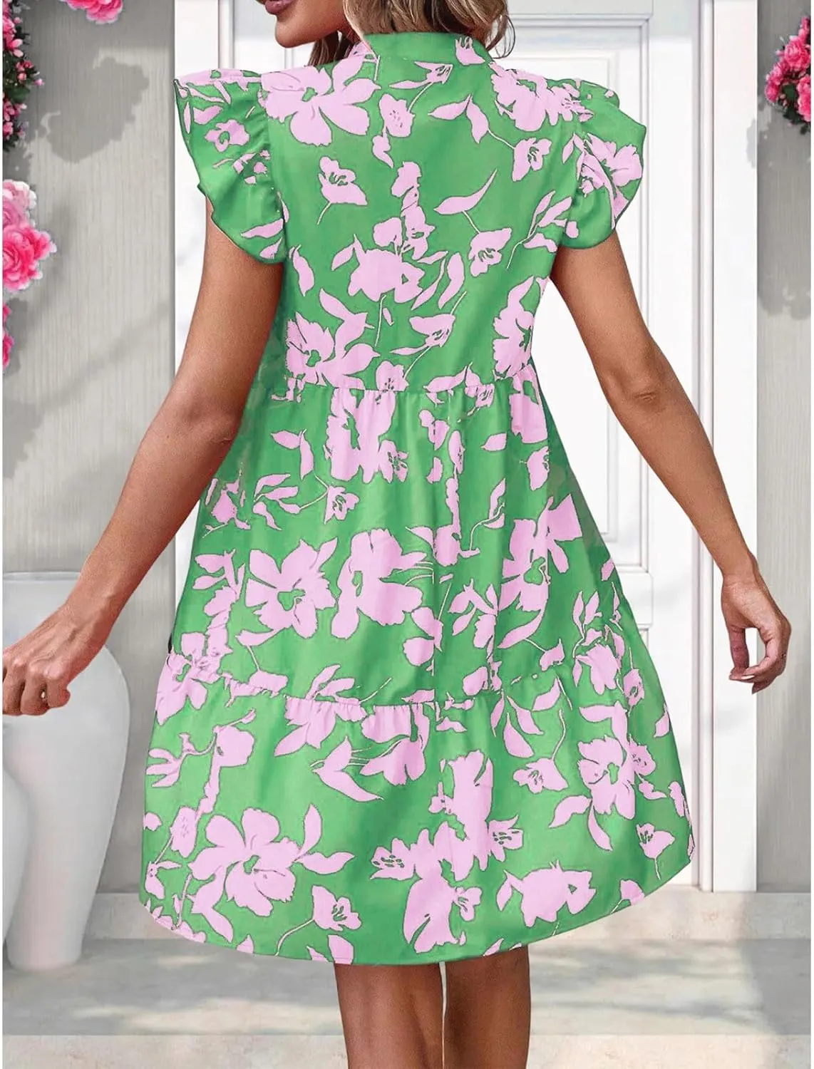 JOAU Women 2025 Summer Boho Print Beach Casual Short Dress Ruffle Cap Sleeve Notched V Neck Tiered Ruffle Swing Mini Dresses
