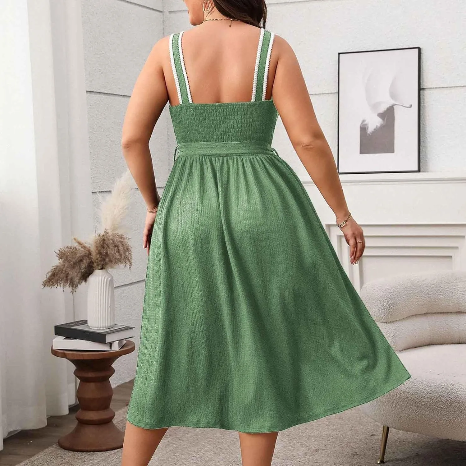 JOAU Women Plus Size Summer Beach Midi Dress Sleeveless A-Line Square Neck Smocked Pleated Belted Cocktail Party Tank Dresses