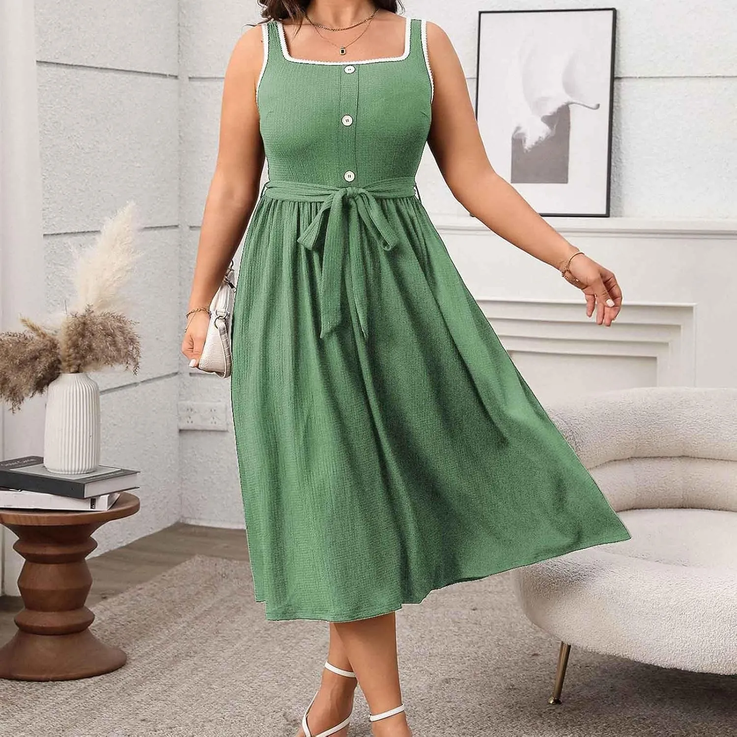 JOAU Women Plus Size Summer Beach Midi Dress Sleeveless A-Line Square Neck Smocked Pleated Belted Cocktail Party Tank Dresses