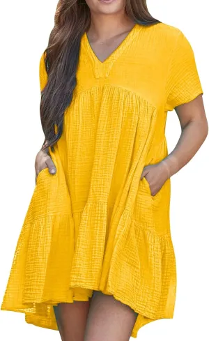 JOAU Women Summer Babydoll Dresses Cute Casual Short Sleeve V Neck Tiered Ruffle A Line Flowy Beach Mini Dress with Pockets