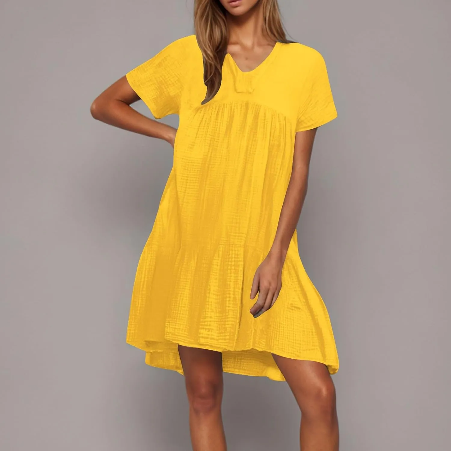 JOAU Women Summer Babydoll Dresses Cute Casual Short Sleeve V Neck Tiered Ruffle A Line Flowy Beach Mini Dress with Pockets
