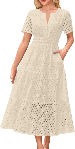 JOAU Women's 2025 Summer Short Sleeve Maxi Dress Casual V Neck Hollow Out Eyelet Tiered Ruffle Swing A Line Long Dresses