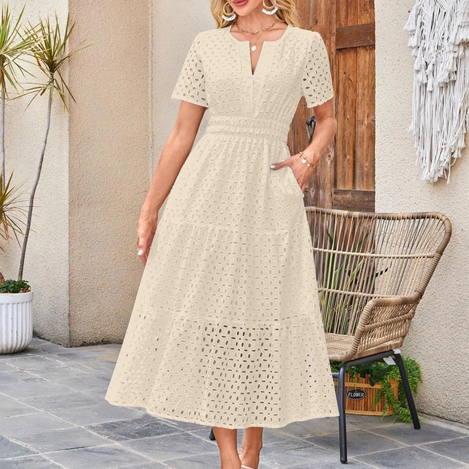 JOAU Women's 2025 Summer Short Sleeve Maxi Dress Casual V Neck Hollow Out Eyelet Tiered Ruffle Swing A Line Long Dresses