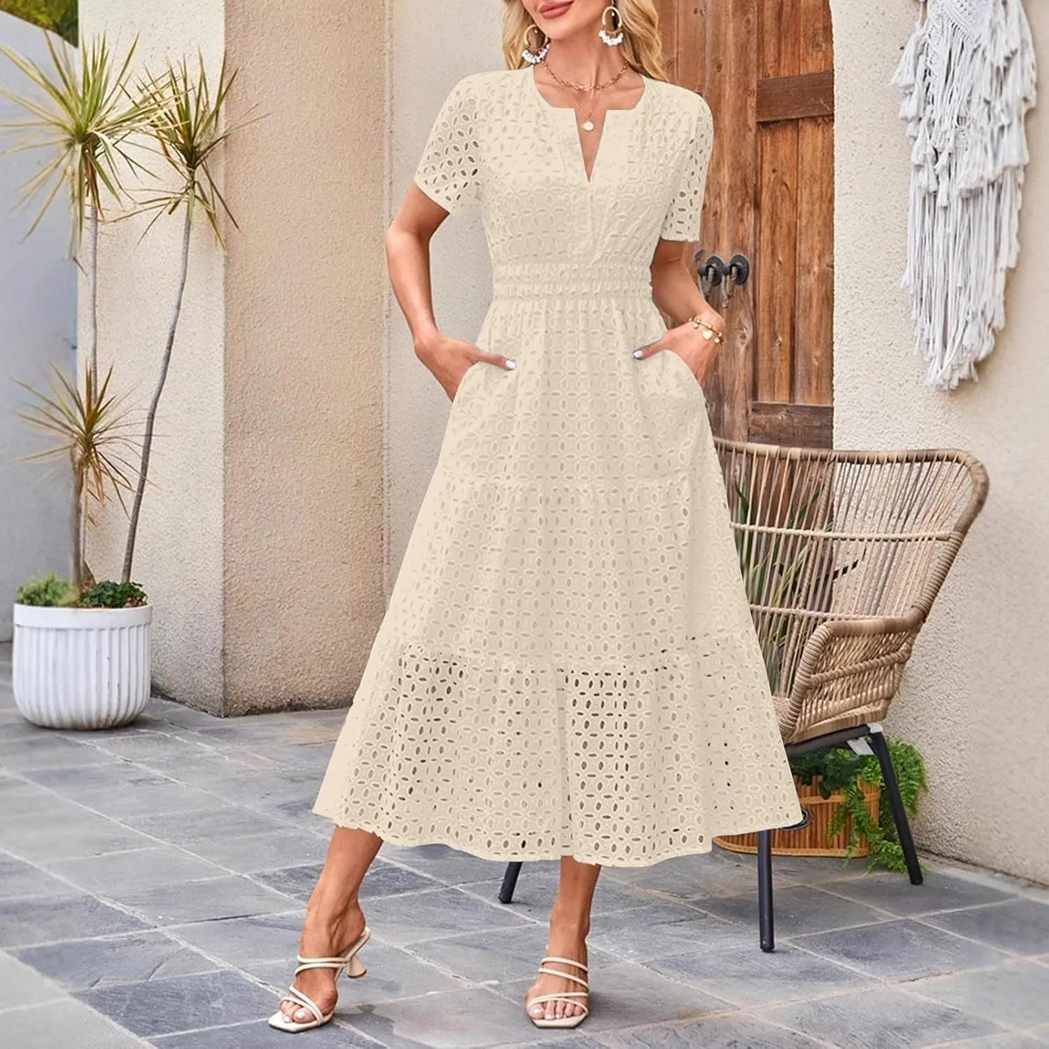 JOAU Women's 2025 Summer Short Sleeve Maxi Dress Casual V Neck Hollow Out Eyelet Tiered Ruffle Swing A Line Long Dresses