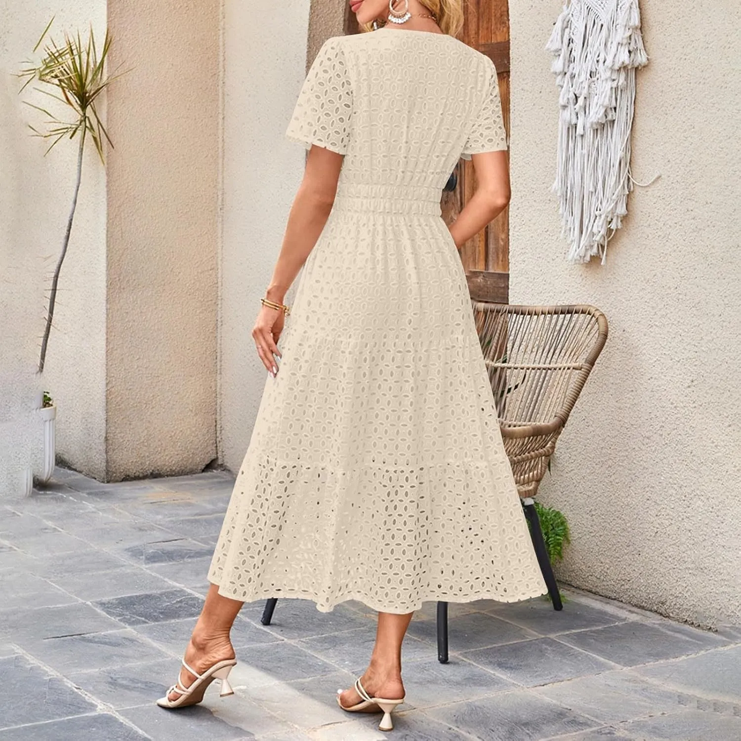 JOAU Women's 2025 Summer Short Sleeve Maxi Dress Casual V Neck Hollow Out Eyelet Tiered Ruffle Swing A Line Long Dresses