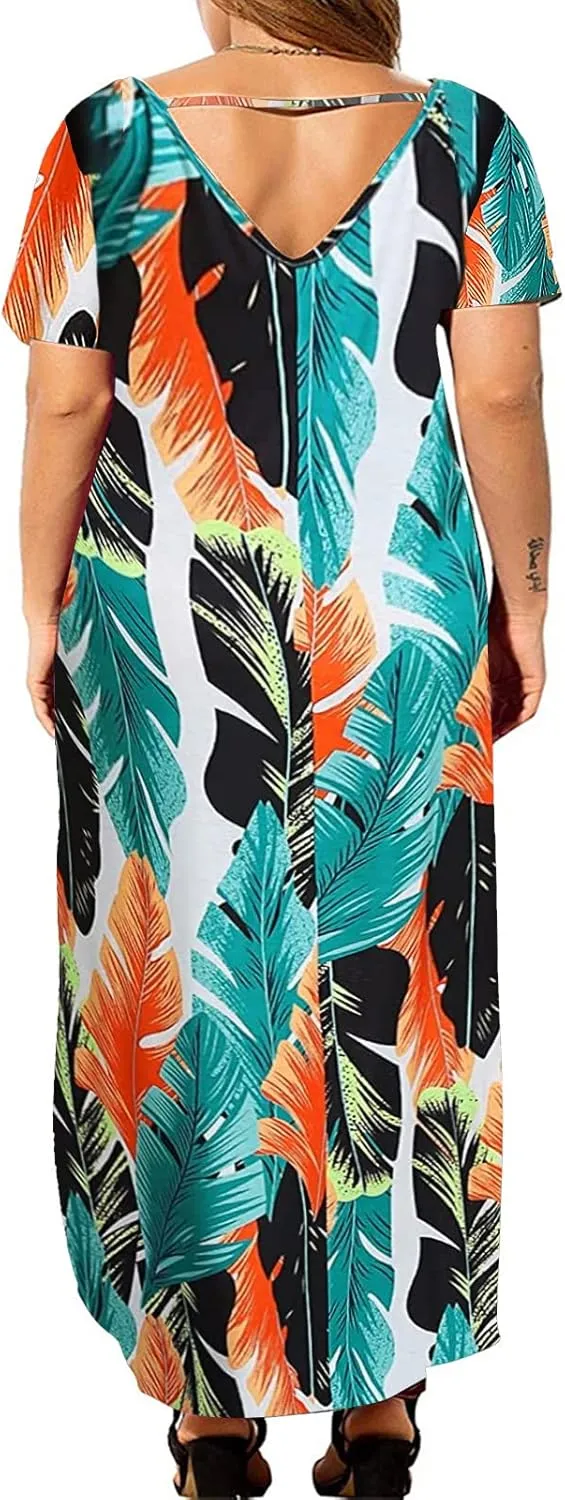 Kancystore Women's Plus Size Dresses Casual Loose Pocket Short Sleeve Slits Plus Size Long Maxi Dress XL-5X