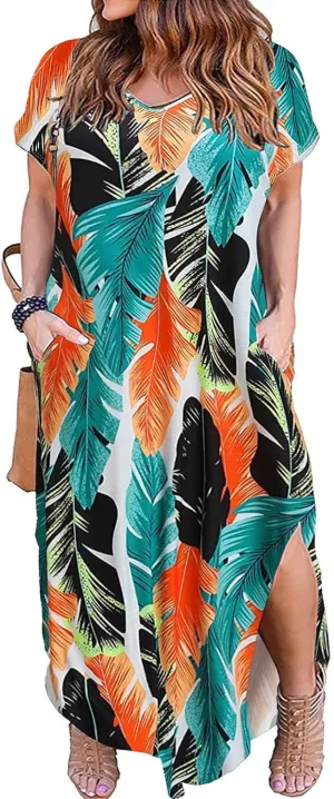 Kancystore Women's Plus Size Dresses Casual Loose Pocket Short Sleeve Slits Plus Size Long Maxi Dress XL-5X