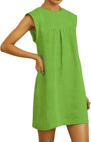 Kubbon Linen Dress Women Sleeveless T-Shirt Dress Casual Round Neck Mini Dresses Solid Color Loose Beach Sundress 2025