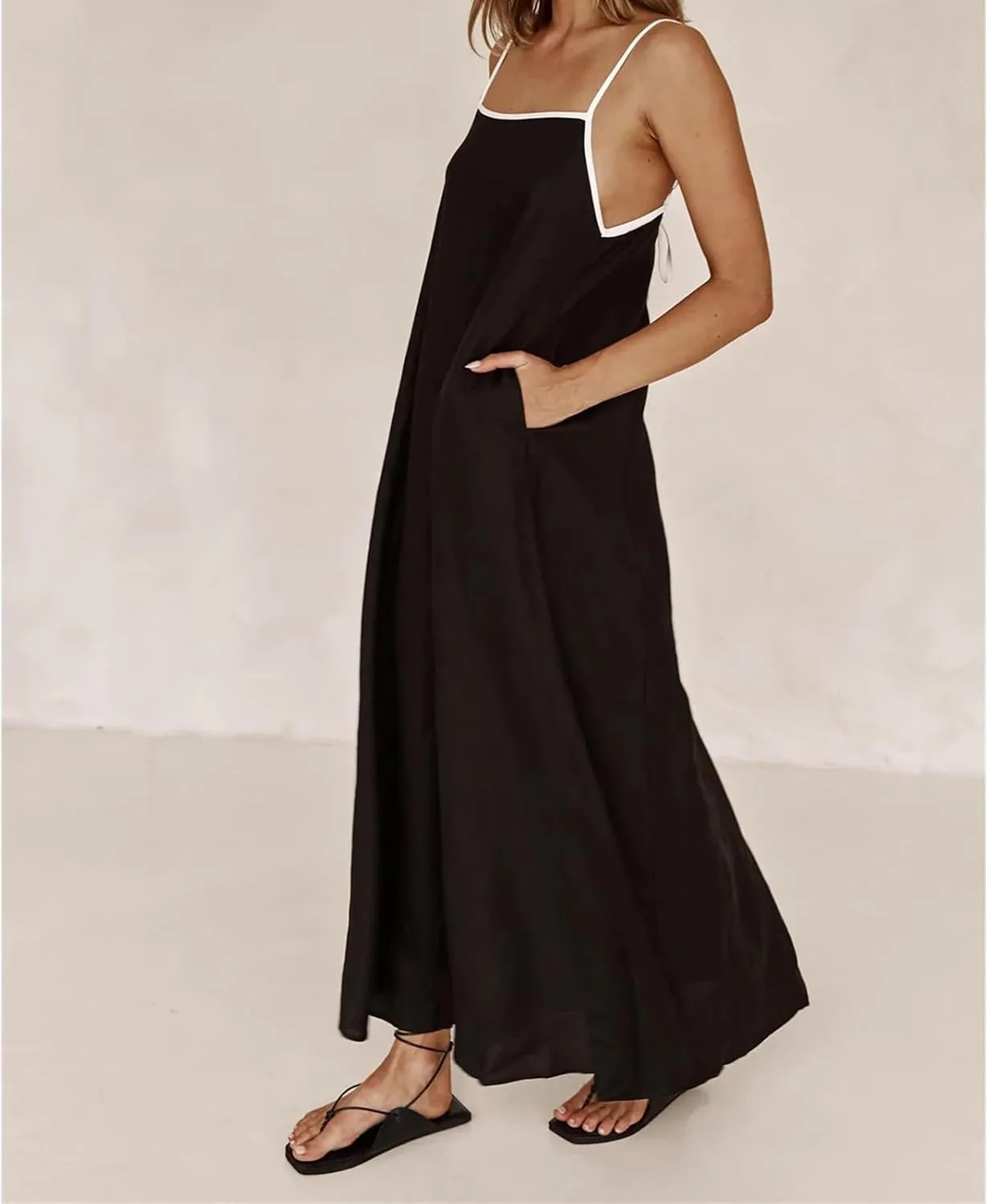 Kubbon Womens Linen Maxi Dress 2025 Summer Contrast Spaghetti Strap Dress Casual Sleeveless T Shirt Beach Dresses