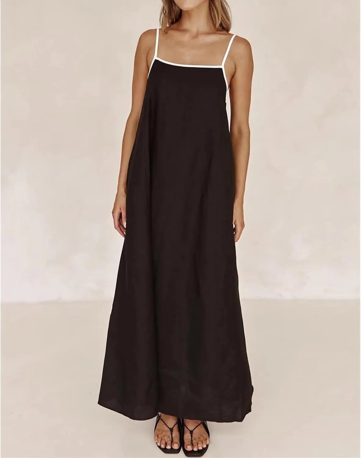 Kubbon Womens Linen Maxi Dress 2025 Summer Contrast Spaghetti Strap Dress Casual Sleeveless T Shirt Beach Dresses