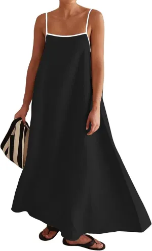 Kubbon Womens Linen Maxi Dress 2025 Summer Contrast Spaghetti Strap Dress Casual Sleeveless T Shirt Beach Dresses