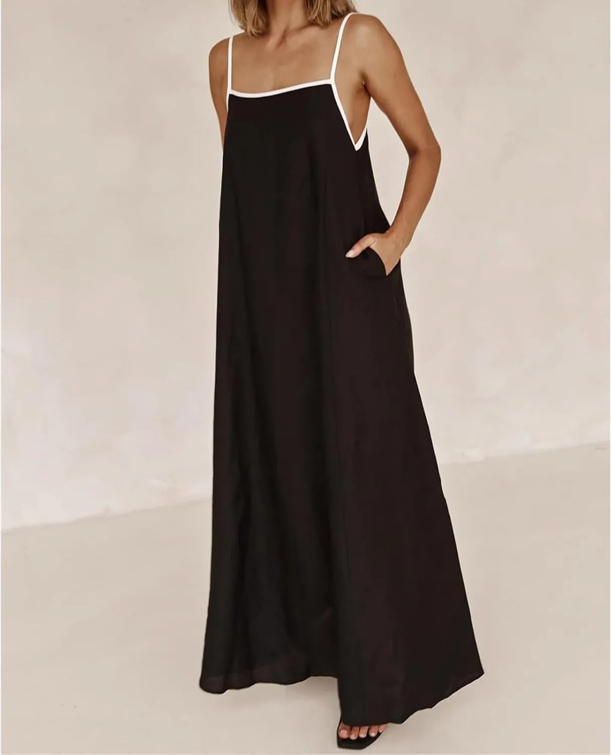 Kubbon Womens Linen Maxi Dress 2025 Summer Contrast Spaghetti Strap Dress Casual Sleeveless T Shirt Beach Dresses