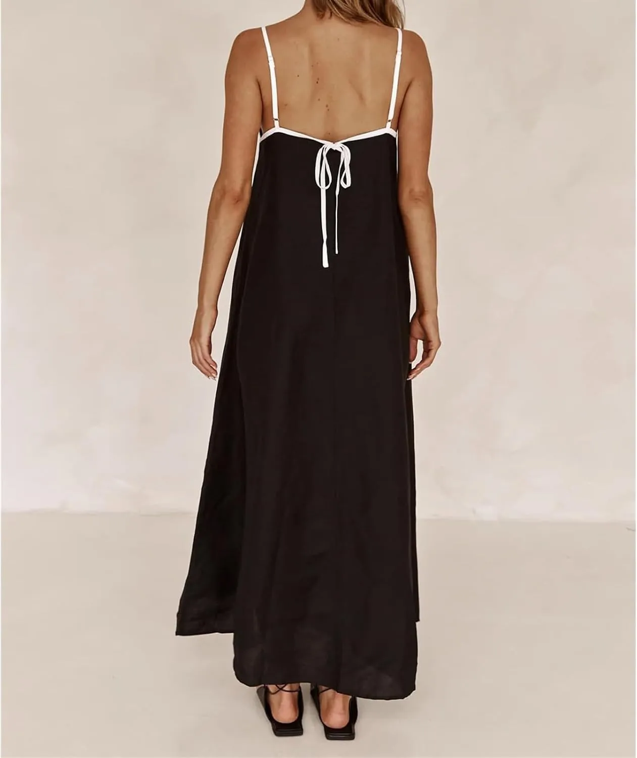 Kubbon Womens Linen Maxi Dress 2025 Summer Contrast Spaghetti Strap Dress Casual Sleeveless T Shirt Beach Dresses