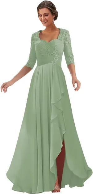 Lace Appliques Mother of The Bride Dresses for Wedding 1/2 Sleeves Chiffon Long Formal Dress Evening Gown