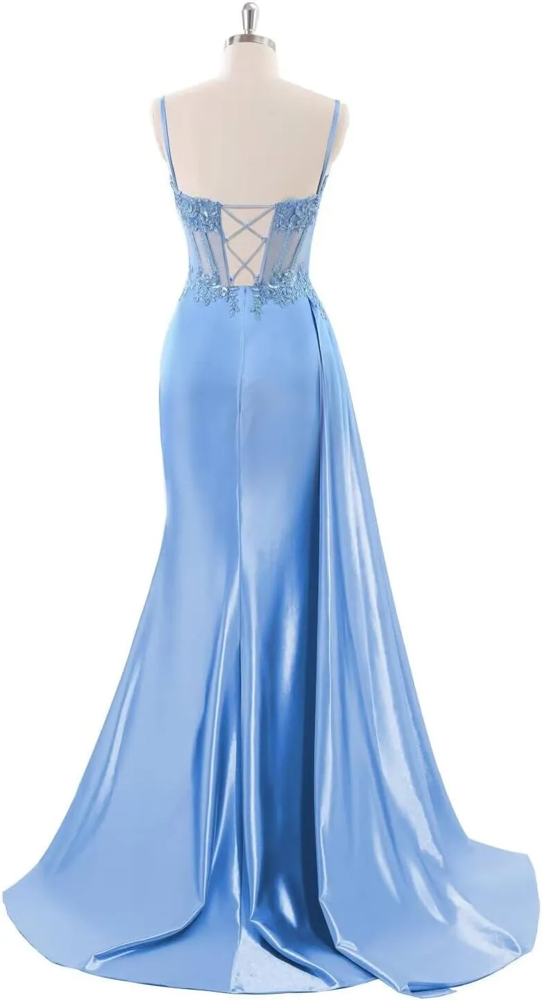 Lace Appliques Satin Mermaid Prom Dresses Long with Slit 2025 Spaghetti Straps Corset Formal Evening Gown RA050