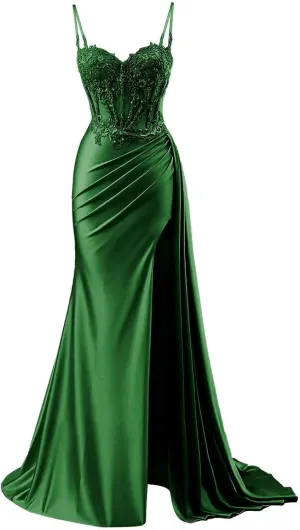 Lace Appliques Satin Mermaid Prom Dresses Long with Slit 2025 Spaghetti Straps Corset Formal Evening Gown RA050