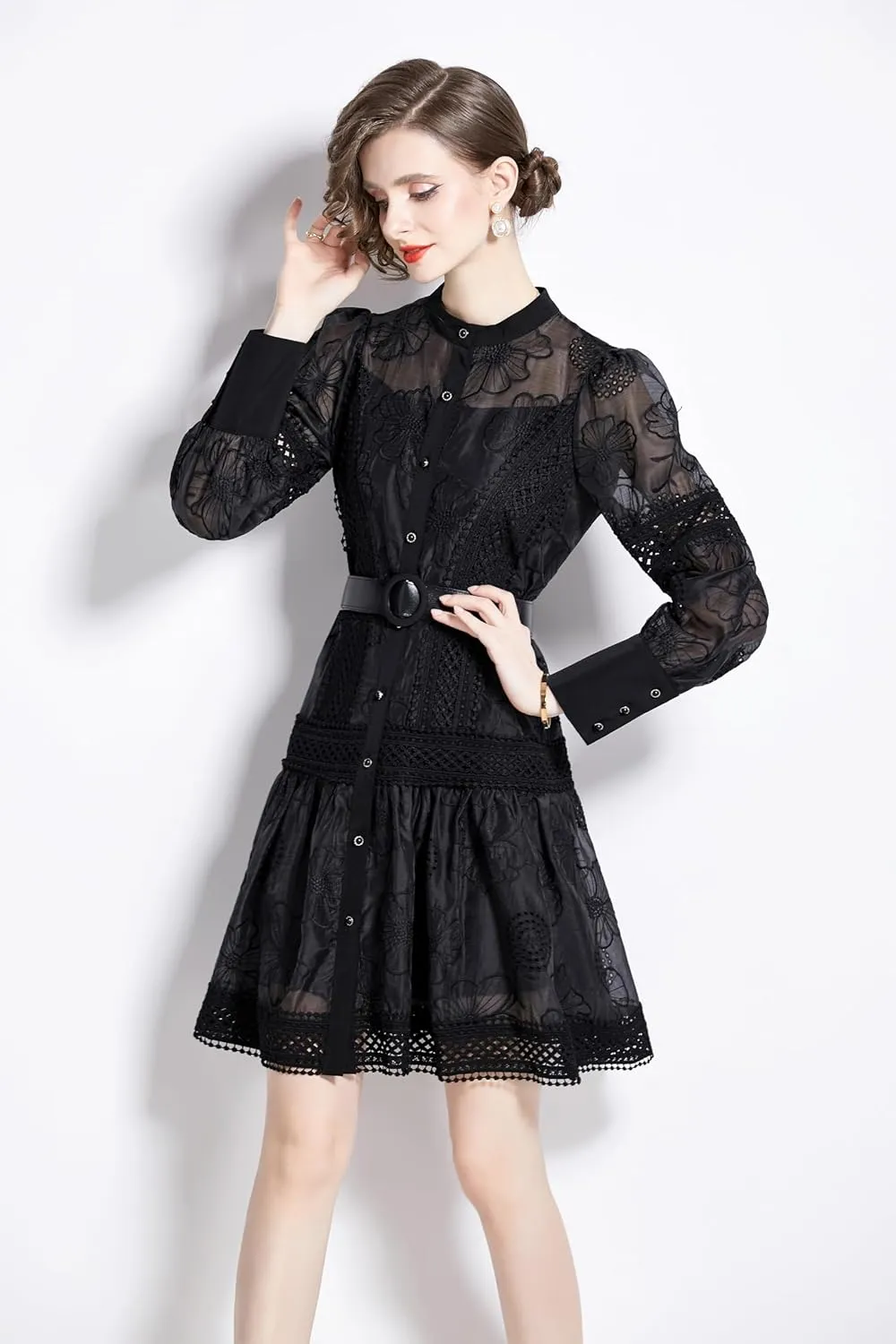 LAI MENG FIVE CATS Women's Hollow Out Floral Print Lantern Sleeve Button Up Casual Mini Dress