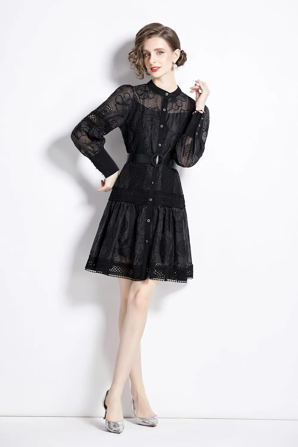 LAI MENG FIVE CATS Women's Hollow Out Floral Print Lantern Sleeve Button Up Casual Mini Dress
