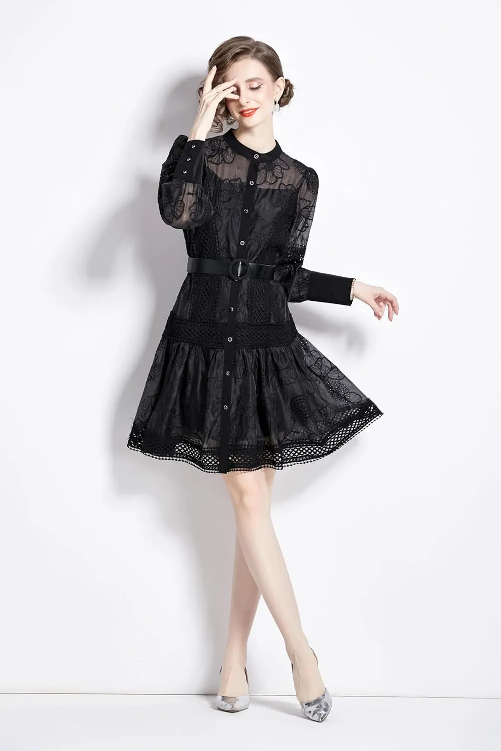 LAI MENG FIVE CATS Women's Hollow Out Floral Print Lantern Sleeve Button Up Casual Mini Dress